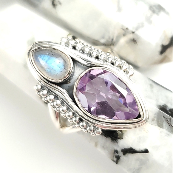 Sterling Silver Amethyst and Labradorite Double Teardrop Ring Size 8 - Picture 14 of 15